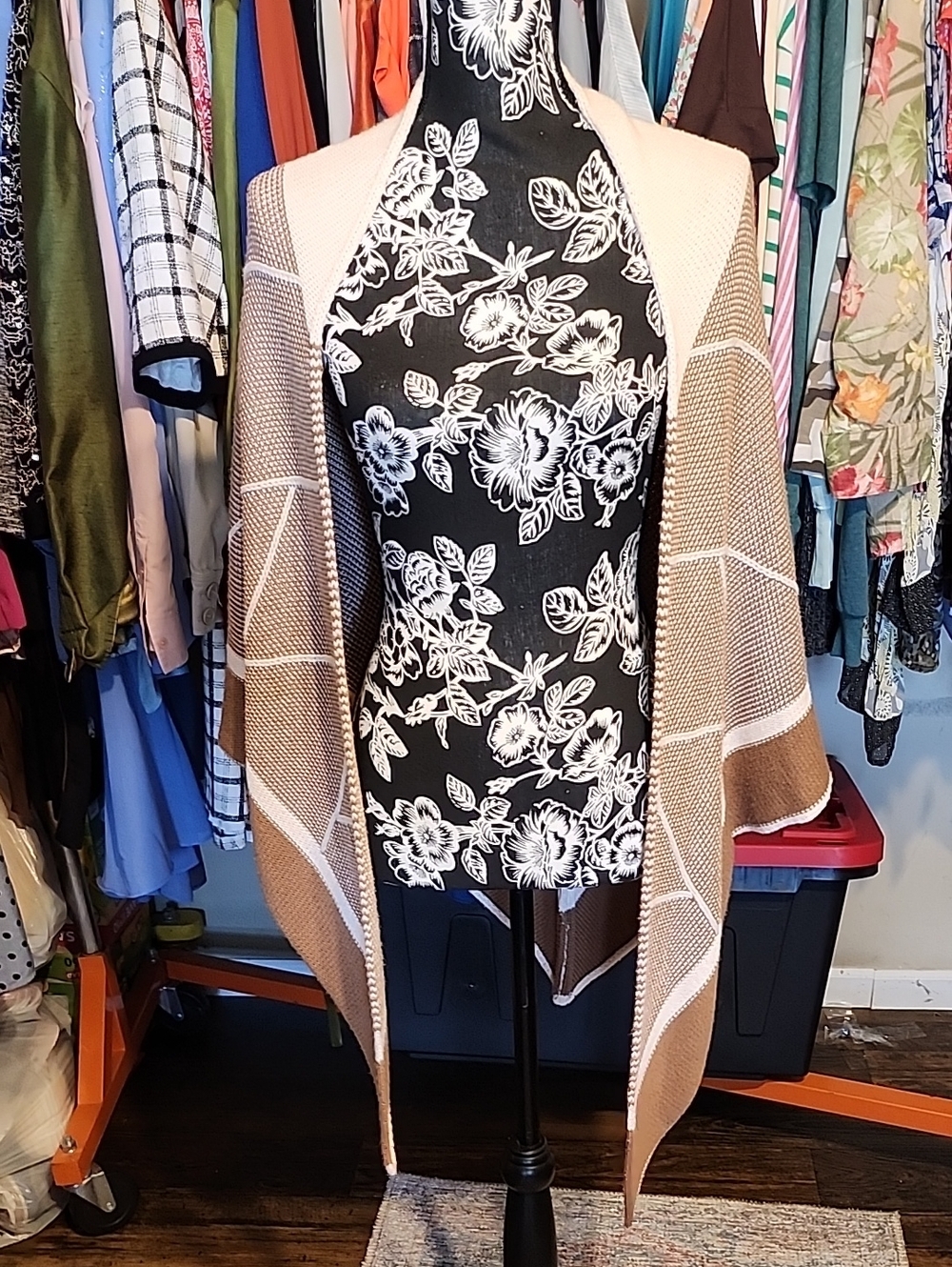 Demdaco Tan and Cream Open-Front Plaid Knit Cape